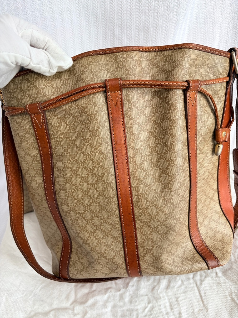 Vintage Celine Macadam Bucket Bag with Pouch and Dustbag - Beige Taupe Cognac - Picture 11 of 14